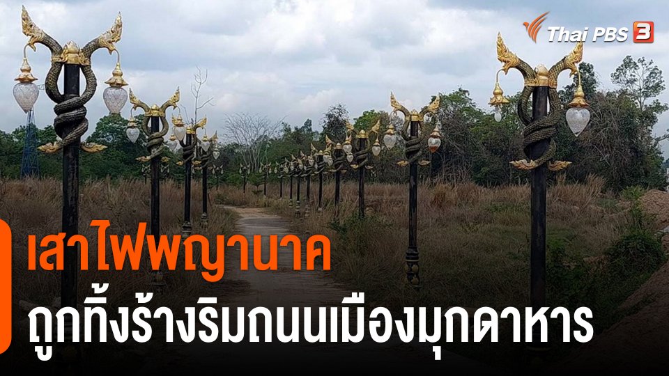 เสาไฟประติมากรรมพญานาค ถูกทิ้งร้างริมถนนเมืองมุกดาหาร