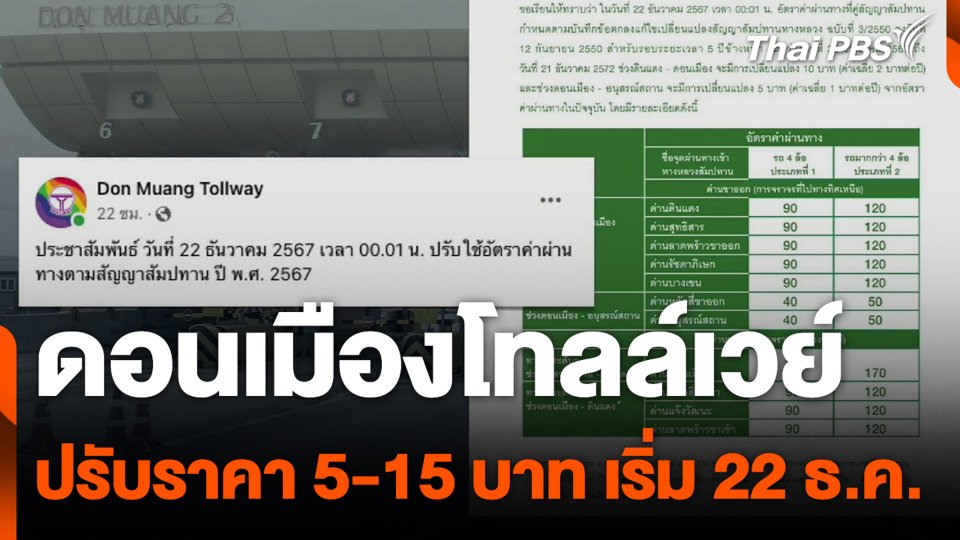 ดอนเมืองโทลล์เวย์ ปรับราคา 5-15 บาท เริ่ม 22 ธ.ค. 67